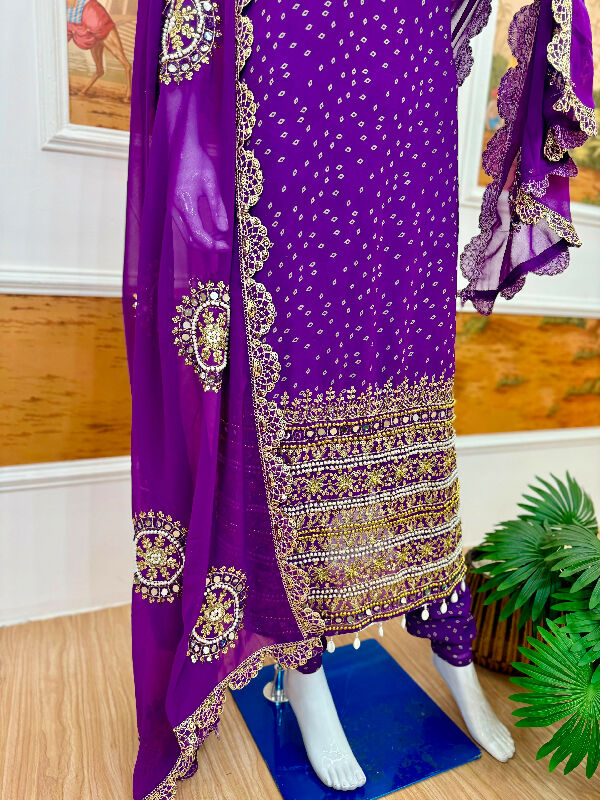 Purple sleeveless pearl work long kurti with pent and dupatta 3pc set