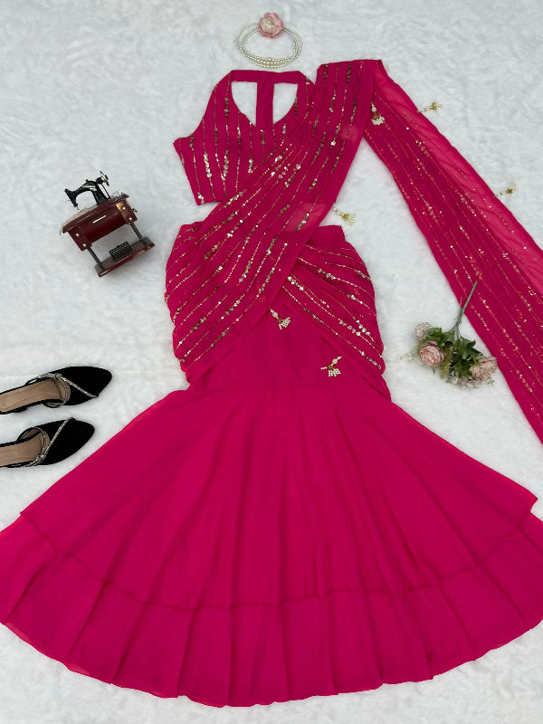 Pink fish cut lehenga saree with blouse