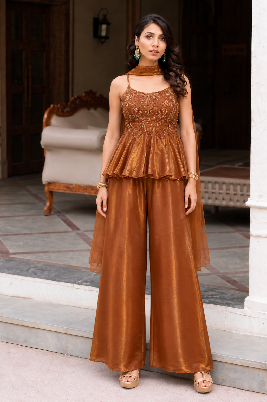 Brown spaghetti crop top kurti with palazzo and dupatta 3pc set