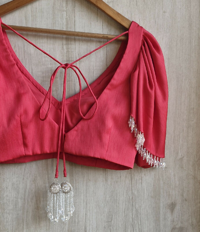 Pink Art Silk V Neck Ruffle Sleeves Blouse