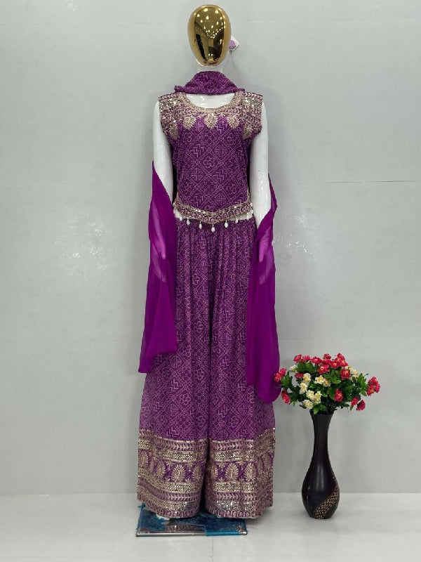Green crop top with loose fit palazzo and dupatta set