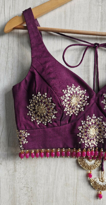 Wine Embroidered Silk Sweetheart Neck Blouse