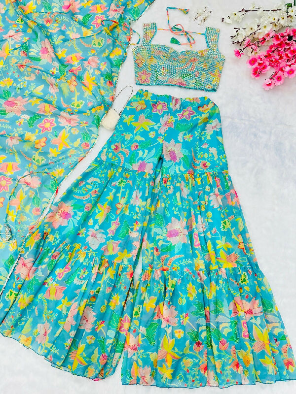 Blue indo western crop top with sharara and dupatta 3pc set