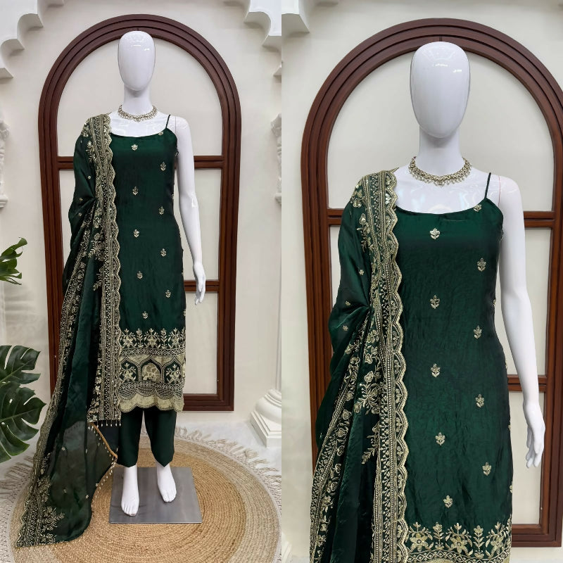 Green spaghetti sleeveless mehendi kurta with pent and dupatta 3pc set