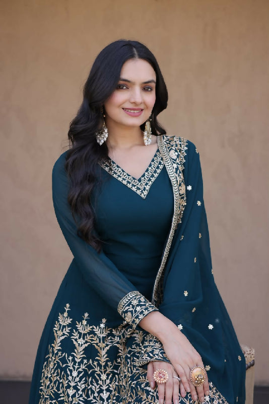 Maroon flaired v neck anarkali suit with pent and dupatta 3pc set