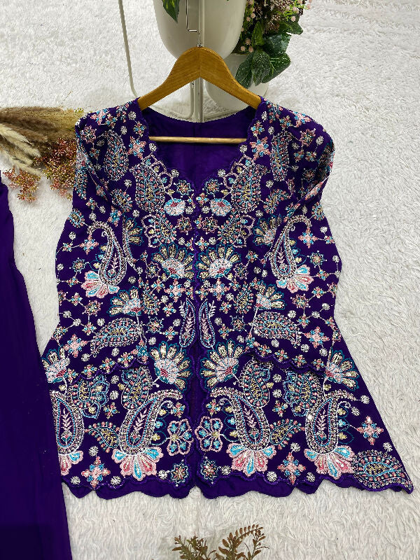 Purple indo western front slit kurti with palazzo set