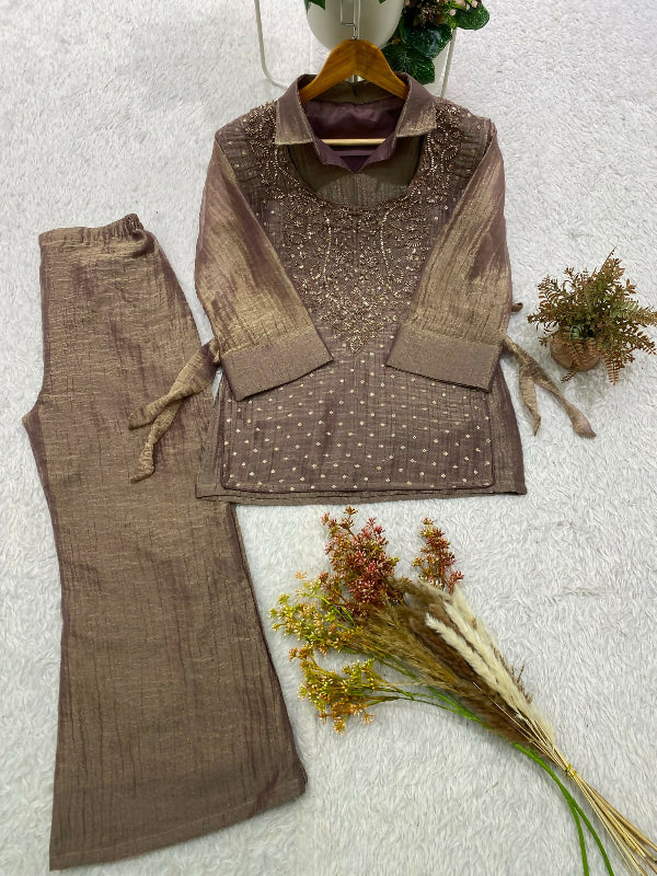 Green indo western crop top with short kurti and pent set