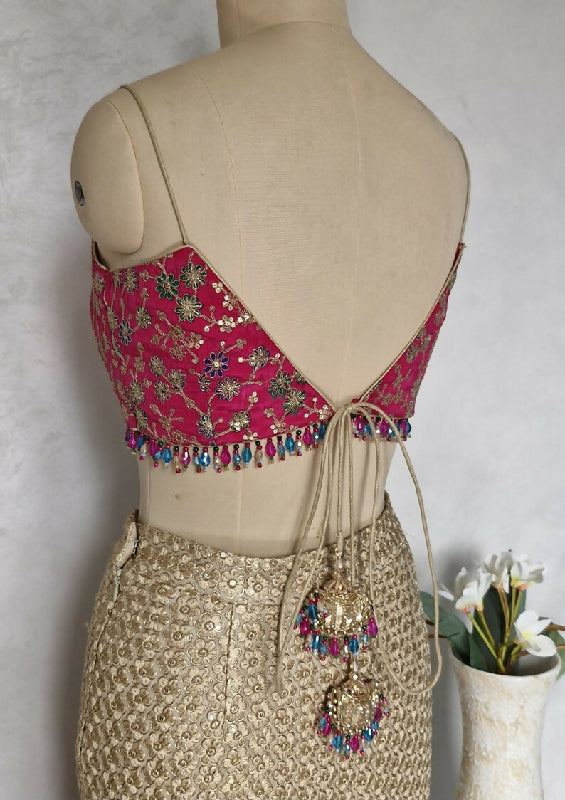 Magenta Pink Embroidered Crepe Silk Deep V Neck Blouse