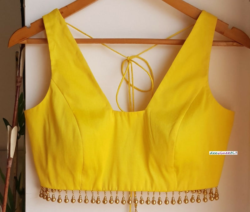 Yellow Blended Raw Silk Trapeze Neck Blouse Gold Bead Fringe