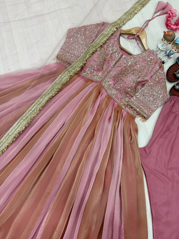 Pink pleated multicolored flaired anarkali suit with pent and dupatta 3pc set