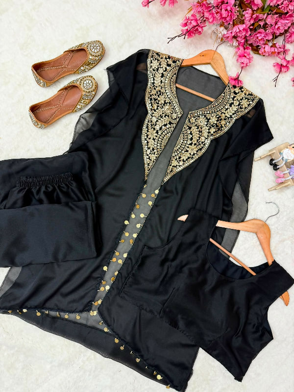 Black indo western crop top with palazzo and jacket 3pc set