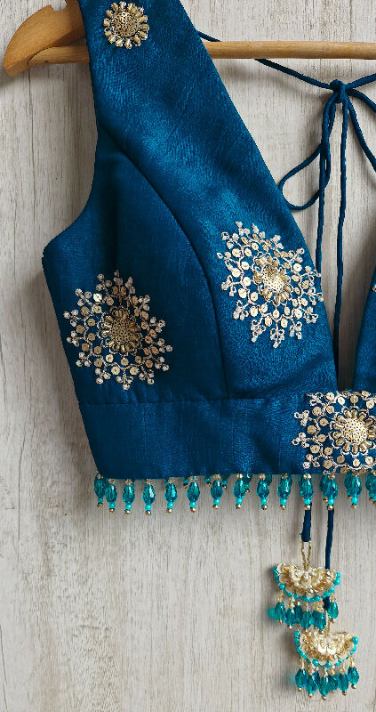 Teal Embroidered Plunge Neck Silk Saree Blouse