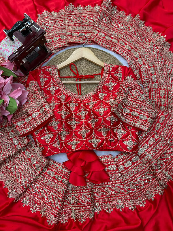 Red bridal indian silk saree with blouse and dupatta set