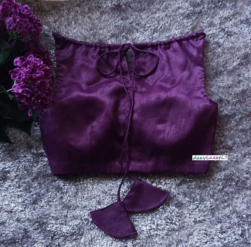Purple Velvet Crepe Saree Lehenga Blouse Sleeveless Boatneck