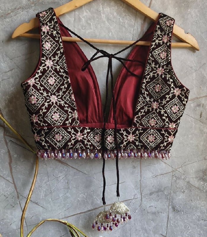 Maroon Embroidered Velvet Plunge Neckline Blouse