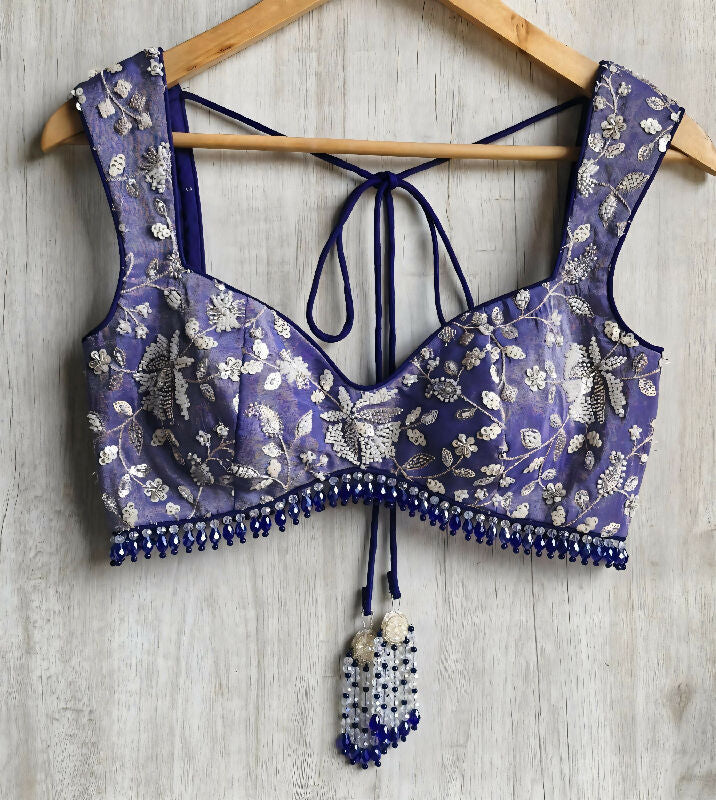 Blue Embroidered Tissue Silk Saree Blouse. Deep Sweetheart Neck Bralette DVBL_489