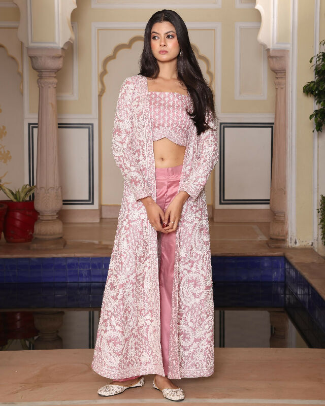 Pink indo western crop top with pent and jacket 3pc set