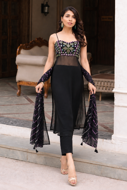 Black corset back mirror work kurti with pent and dupatta 3pc set