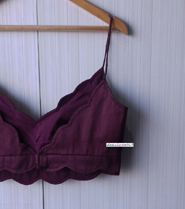 Burgundy Wine Blended Raw Silk Scallop Neck Blouse