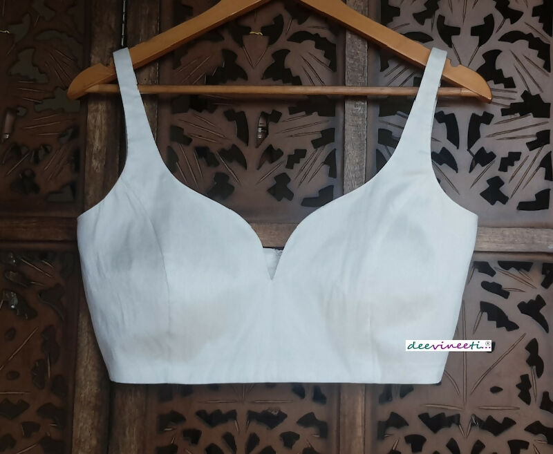 White Blended Raw Silk Sweetheart Neck Blouse