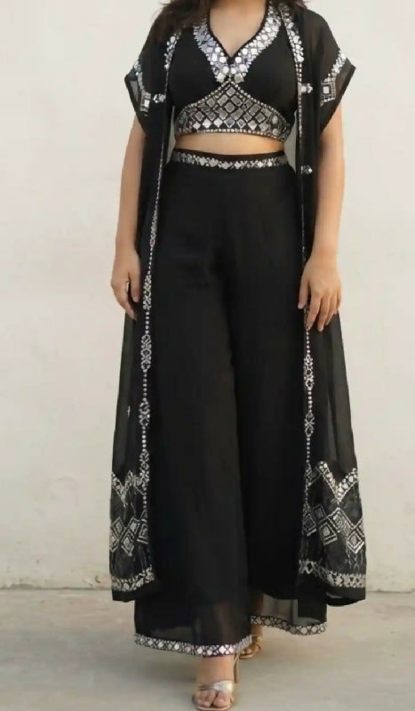 Black indo western crop top with jacket and palazzo