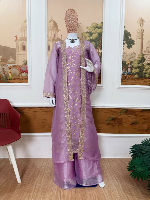 Purple silk indo western jacket with kurti and palazzo 3pc set