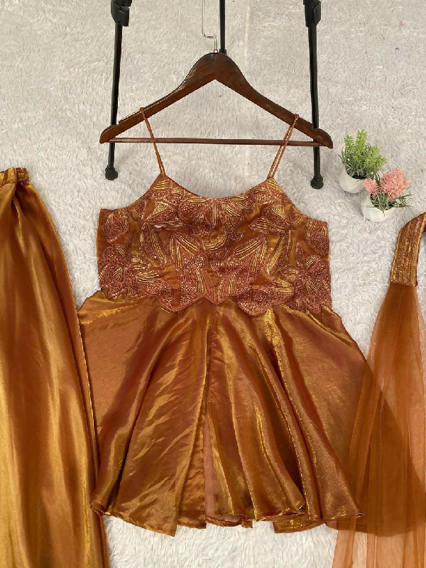Brown spaghetti crop top kurti with palazzo and dupatta 3pc set