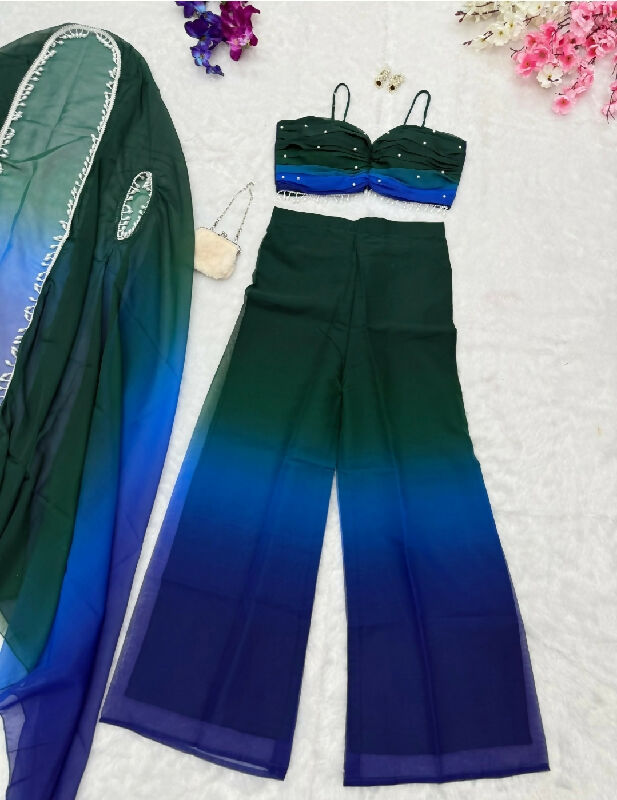 Green ombre shaded indo western crop top with palazzo and jacket