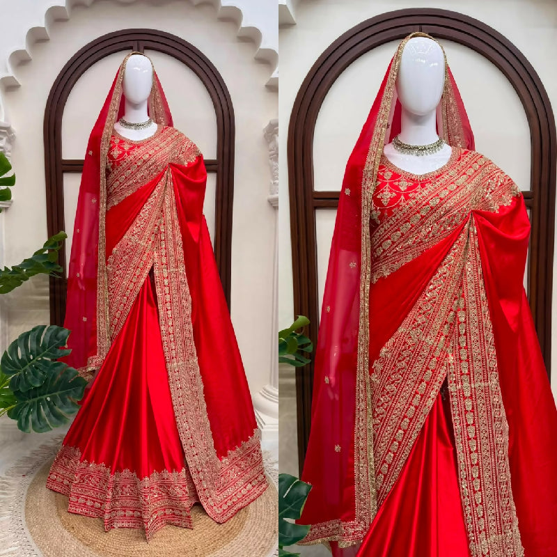 Red bridal indian silk saree with blouse and dupatta set