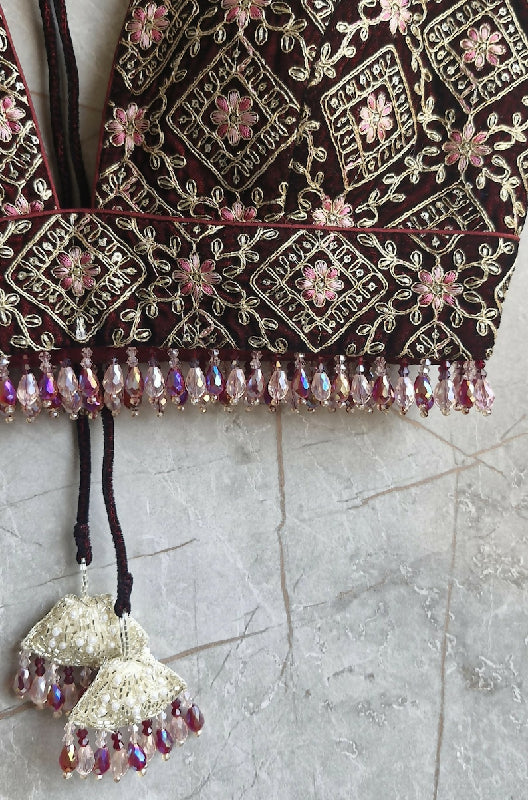 Maroon Embroidered Velvet Plunge Neckline Blouse