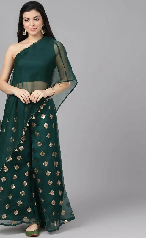 Green one shoulder cape with top and palazzo 3pc set