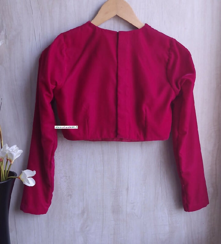Bright Pink Velvet Saree Lehenga Blouse Jewel Neck Full Sleeves