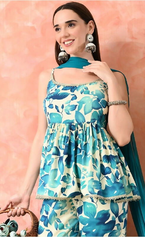 Blue spaghetti peplum top with sharara and dupatta set