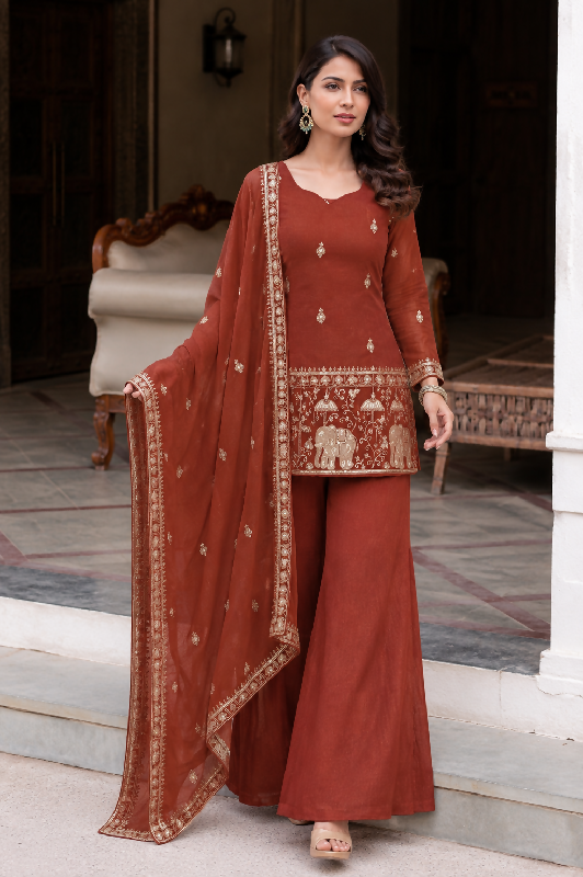Orange silk corset short kurta with sharara and dupatta set