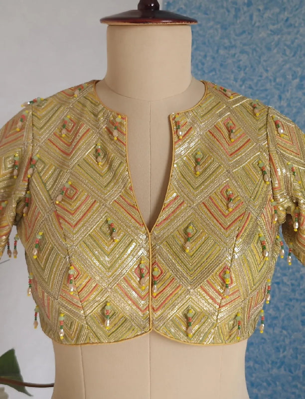 Embroidered Georgette Saree Blouse, V Neck Elbow Sleeves