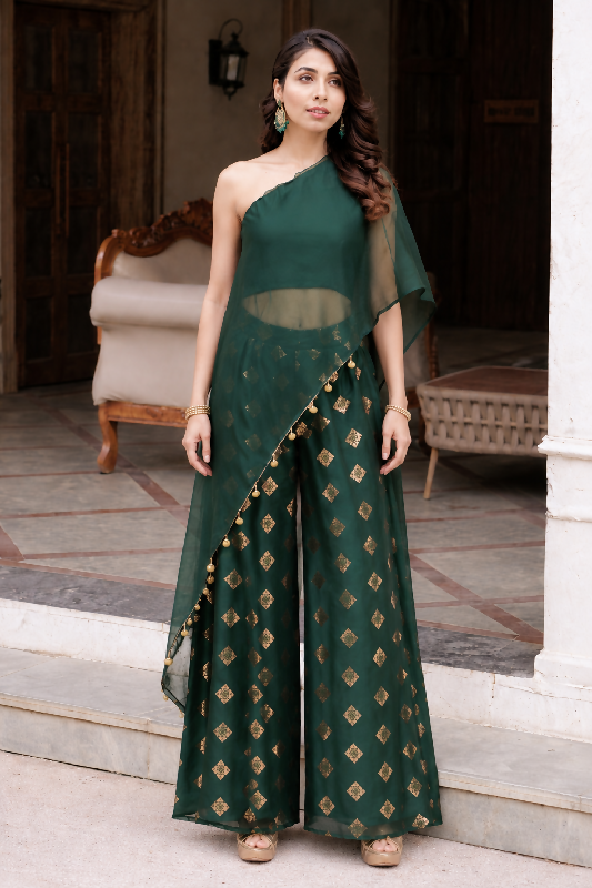 Green one shoulder cape with top and palazzo 3pc set