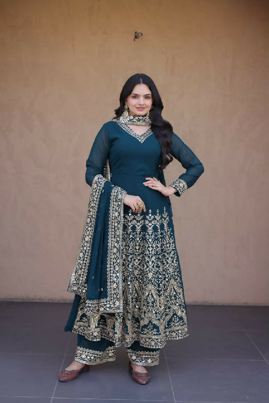 Maroon flaired v neck anarkali suit with pent and dupatta 3pc set
