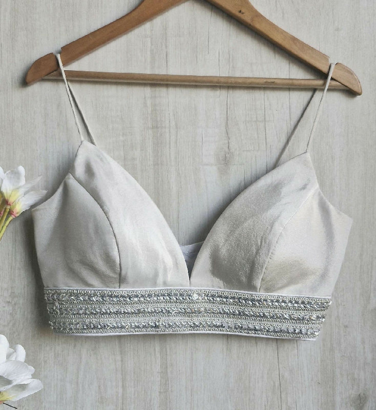 Silver Tissue Plunge Spaghetti Silk Blouse