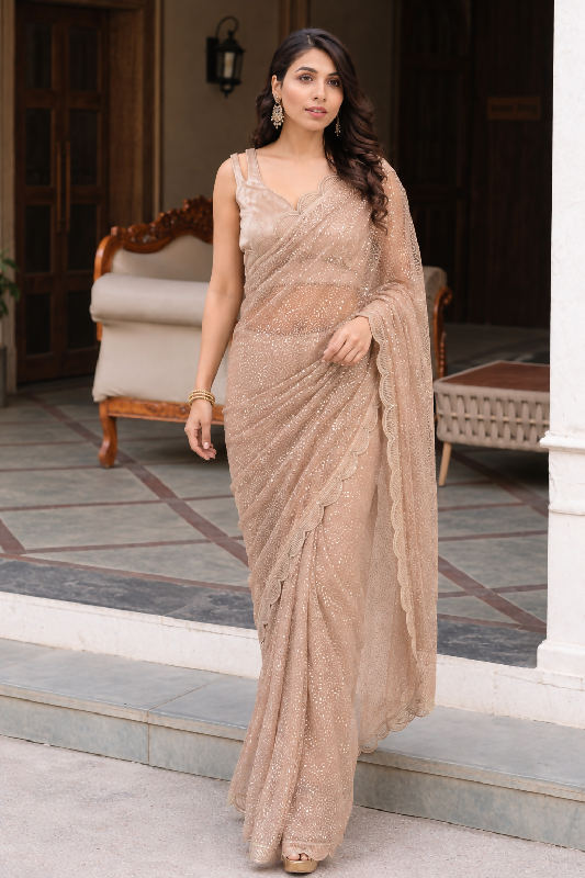 Beige gold sequin embroidery saree with blouse