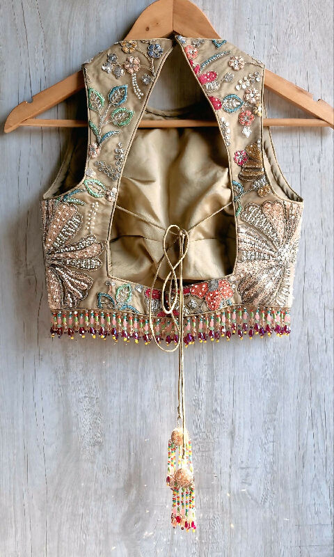 Earthy Taupe Embroidered Saree Blouse, Jewel Neck, Beads Fringes DVBL_488