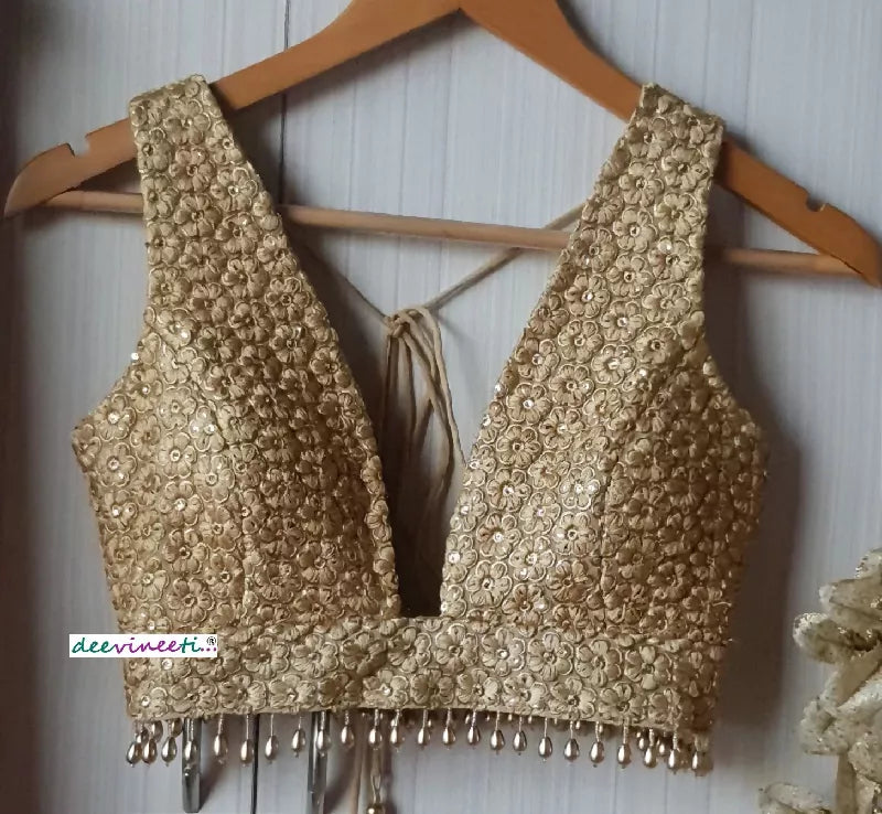 Embroidered Gold Georgette Saree Blouse, Plunge Neckline
