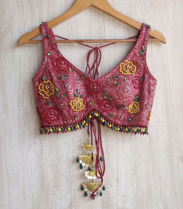 Hand Embroidered Dusty Rose Pink Organza Blouse Deep V Neck