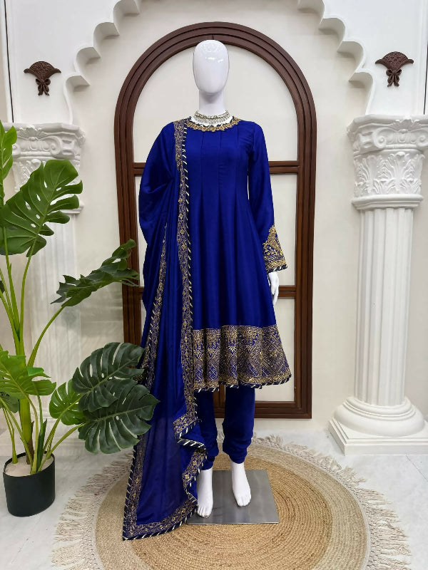 Blue anarkali suit with pent and dupatta set