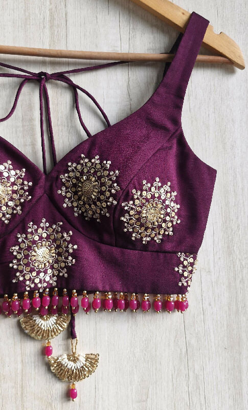 Wine Embroidered Silk Sweetheart Neck Blouse