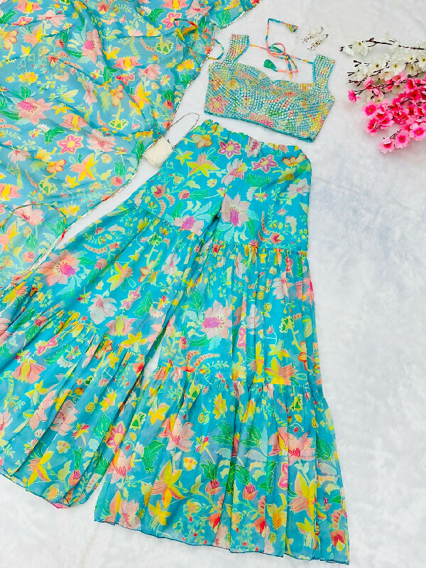 Blue indo western crop top with sharara and dupatta 3pc set