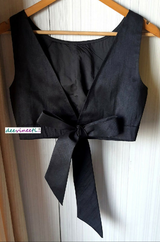 Blended Raw Silk Blouse Boat Neck with Bow