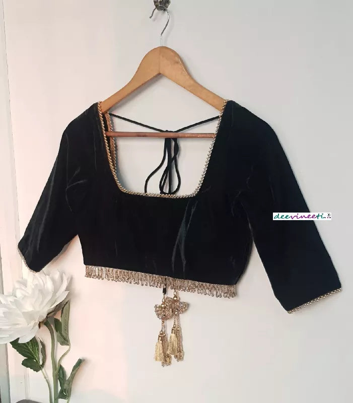 Dark Green Velvet Saree Lehenga Blouse Square Neck