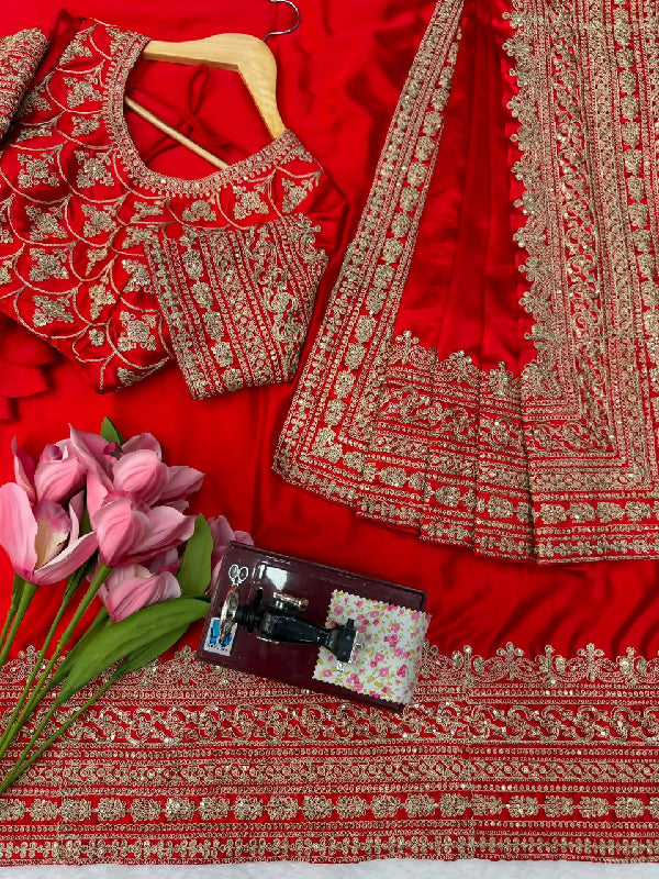 Red bridal indian silk saree with blouse and dupatta set