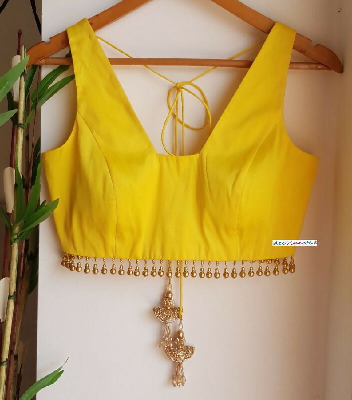 Yellow Blended Raw Silk Trapeze Neck Blouse Gold Bead Fringe