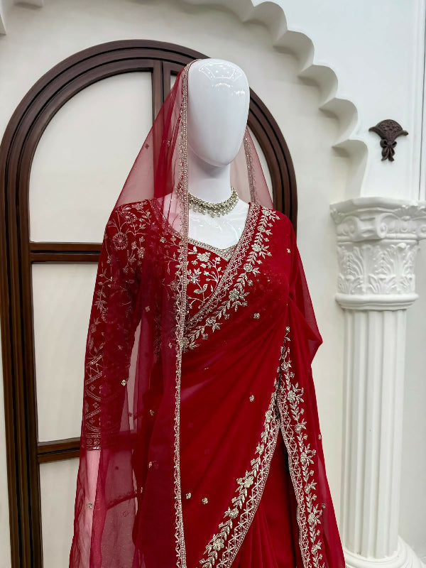 Red bridal fancy saree with blouse and dupatta 3pc set